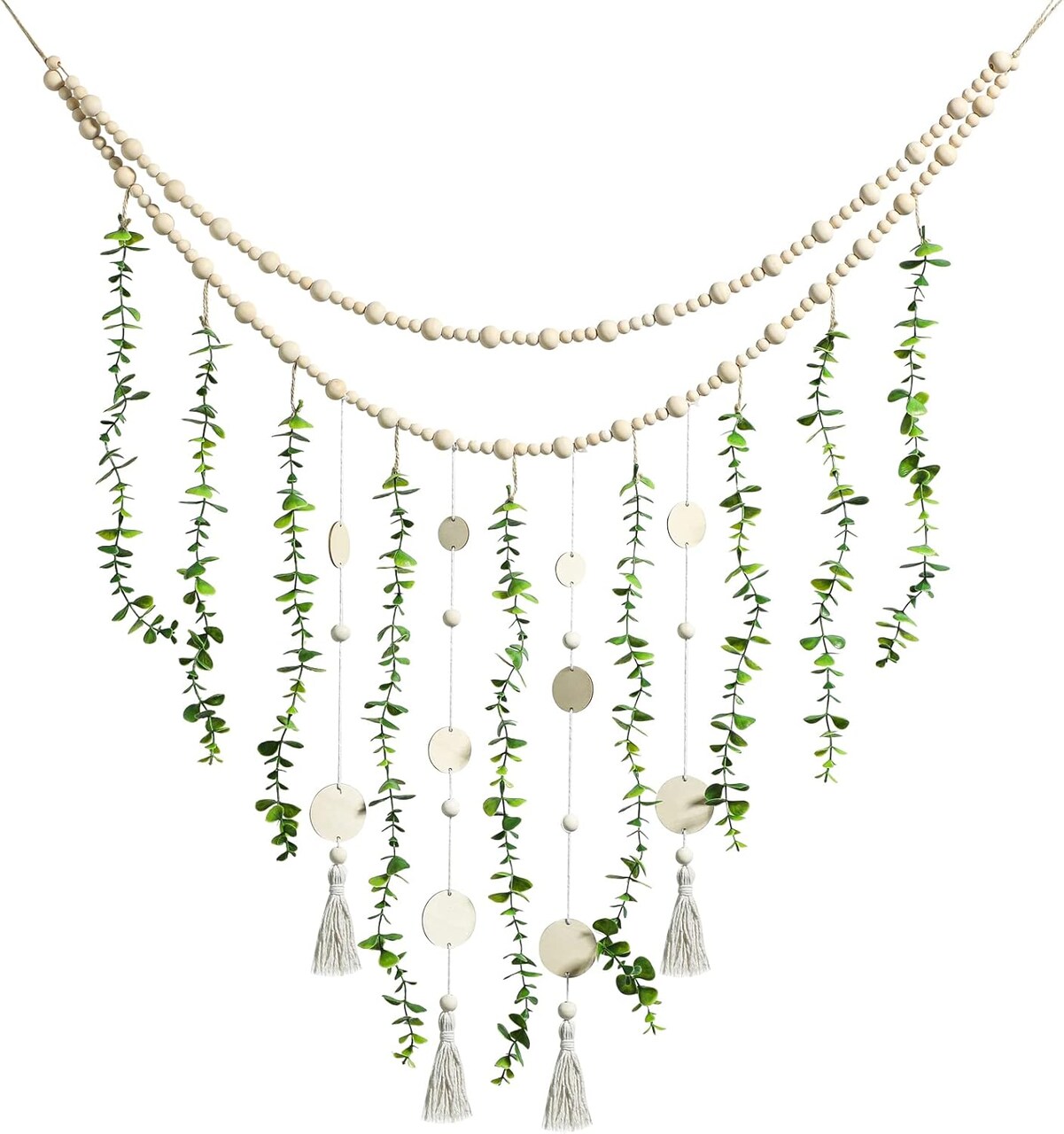 Hanging Eucalyptus Boho Wall Décor – Large 36" x 36" Bedroom Wall Hanging with Wooden Bead Garland and Artificial Greenery, Natural Simple Color Wood-Chip Style